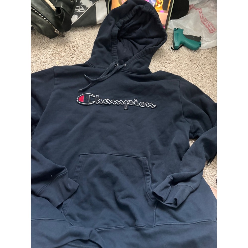 Navy Blue Champion Hoodie Script Logo Pullover Sweatshirt XL Streetwear Mens